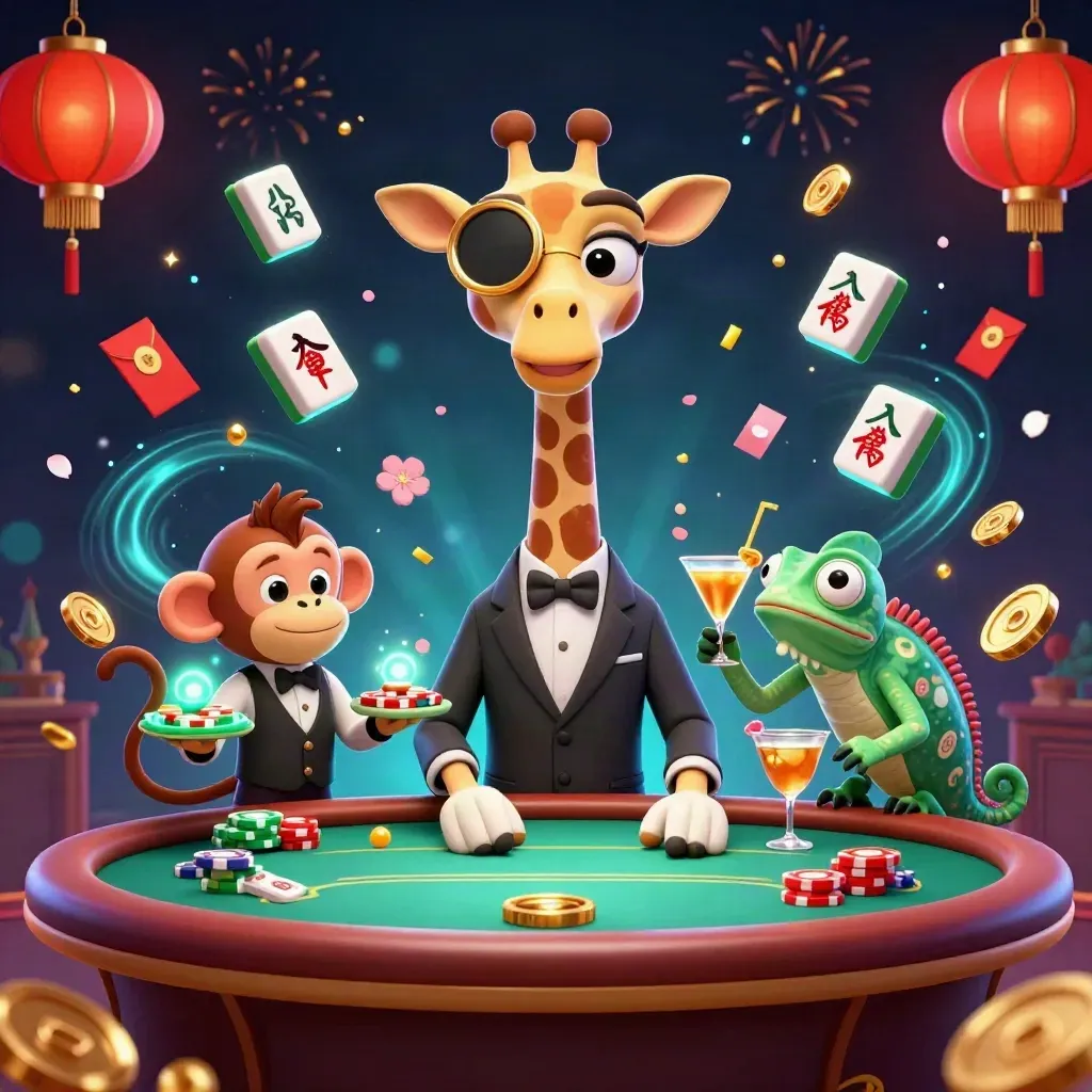 High-roller giraffe, monkey valet, and chameleon bartender in a neon fantasy casino