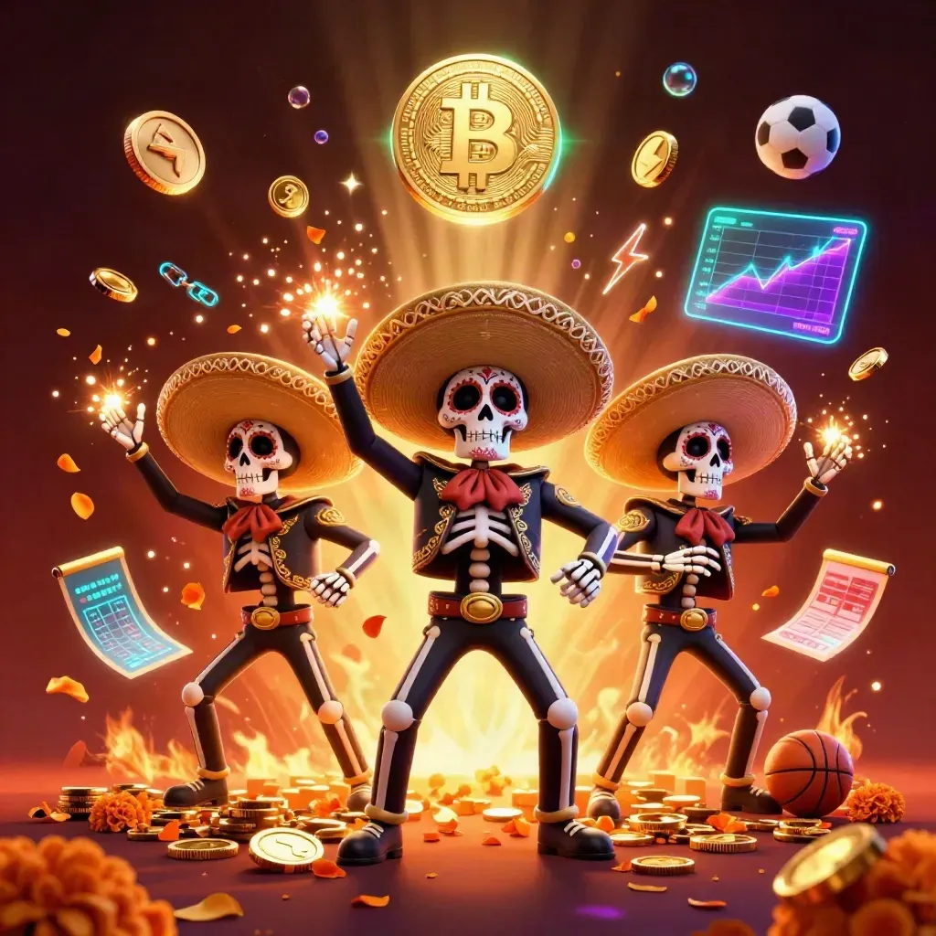 Skeleton mariachi trio amid coin burst, vault, sports props, and neon casino glow.