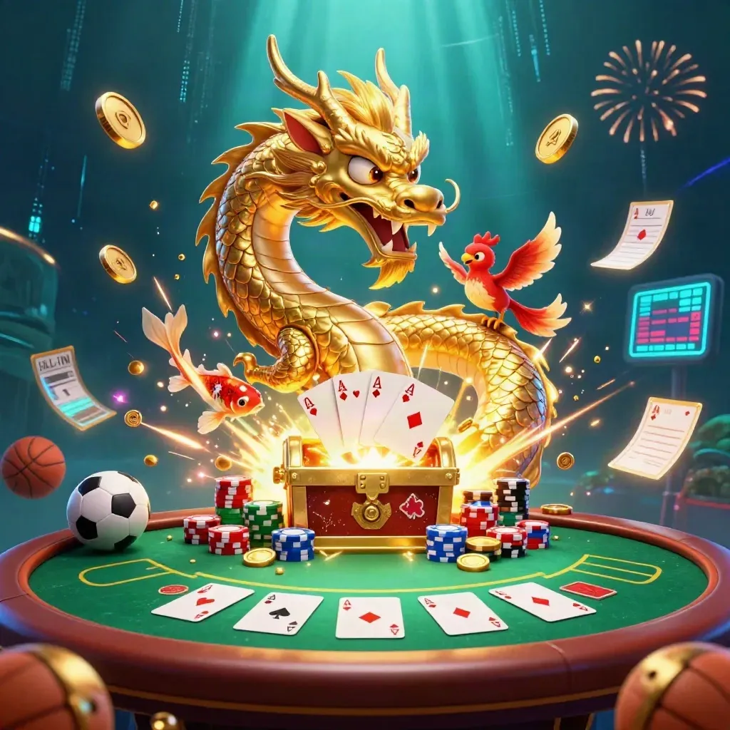 Golden dragon and phoenix bursting from treasure with poker chips, cards, coins, and casino lights.