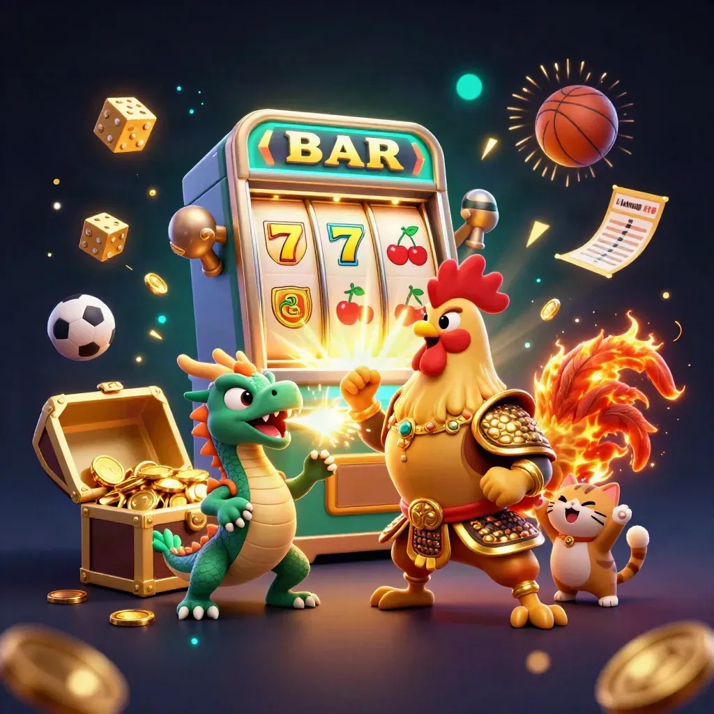 Rooster warrior, dragon hatchling, lucky cat amid casino gold, fireworks, coins, and sports props.