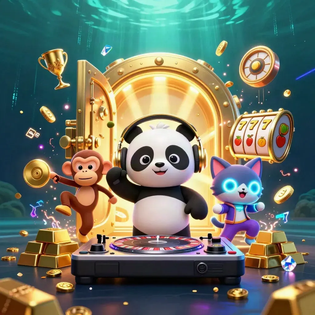 DJ panda, monkey, and kitten blast out casino loot in neon underwater light.