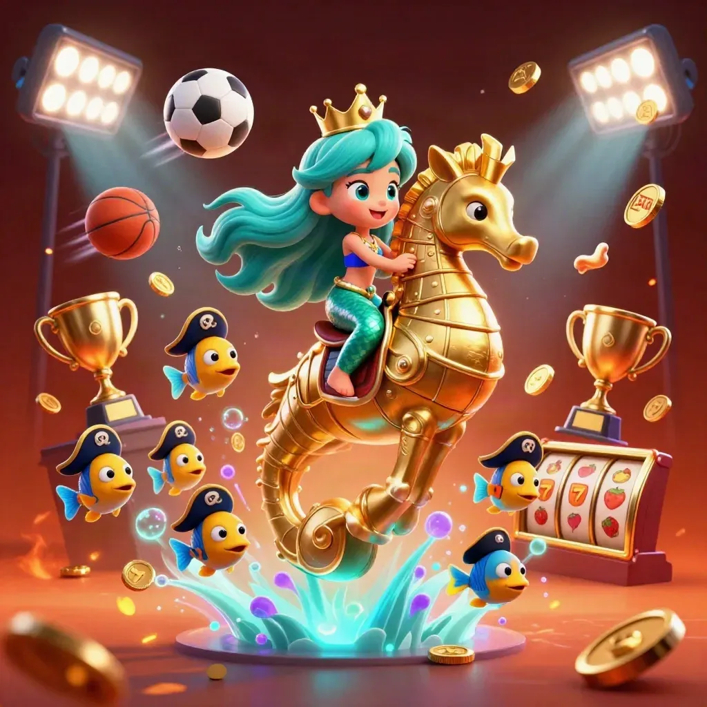 Mermaid princess on a golden seahorse with pirate fish, sports balls, coins, and casino effects