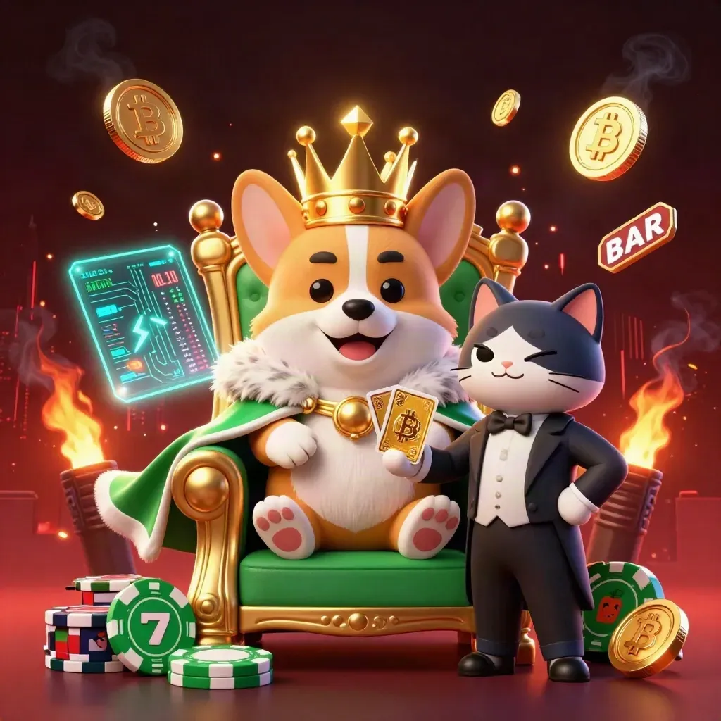 Royal corgi and cat butler amid casino coins, reels, lightning, and neon fire