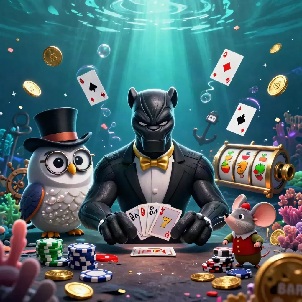 Black panther, owl and mouse in tuxedos amid gold coins, coral, reels and underwater treasure