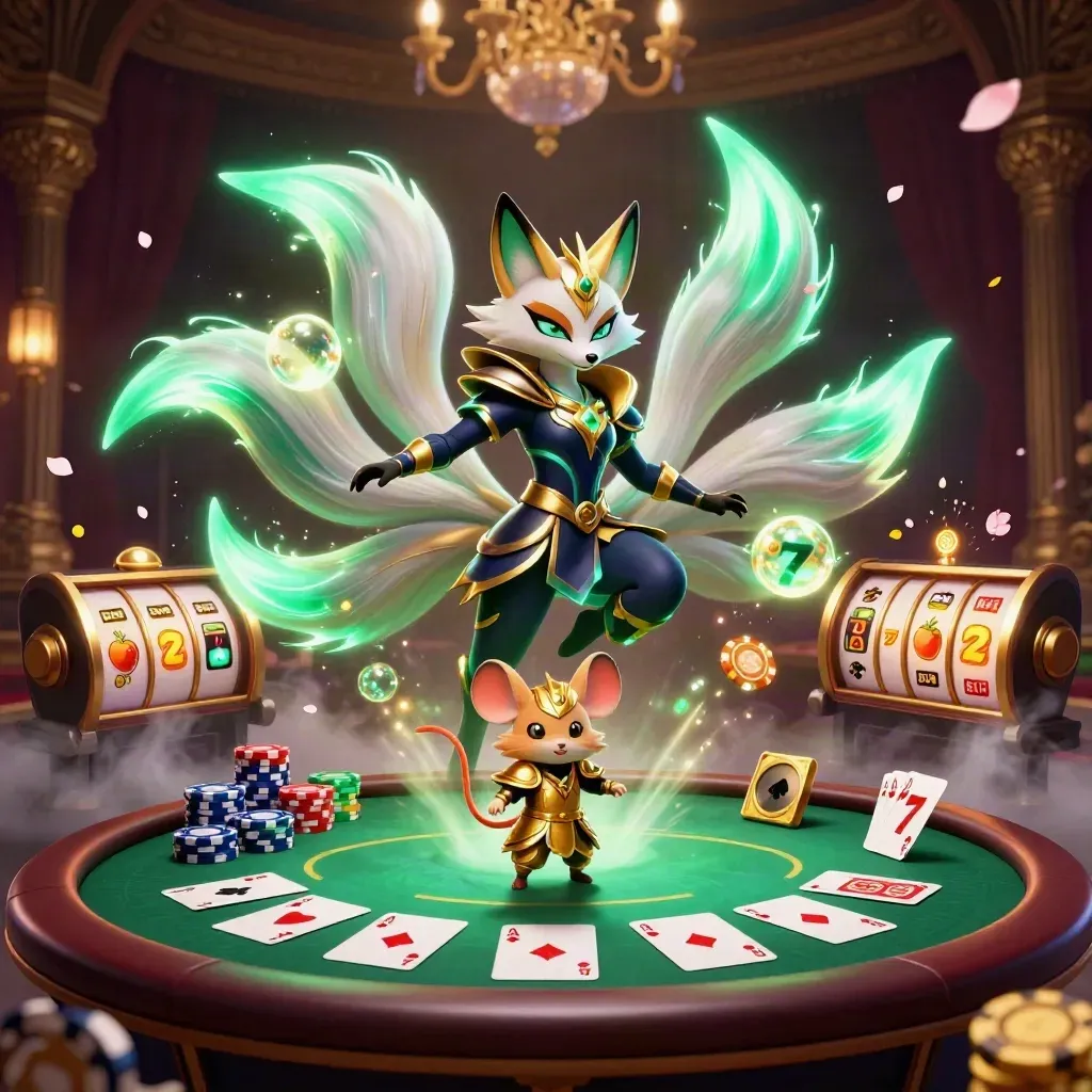 Nine-tailed fox spirit with samurai mouse, poker chips and slot symbols in neon casino glow.