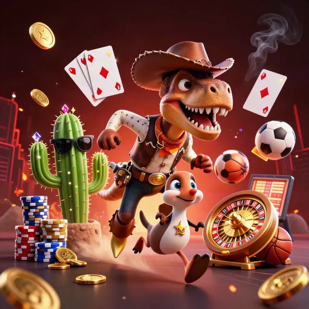 Cowboy T-Rex, cactus sidekick and roadrunner amid casino coins, chips and neon fire.