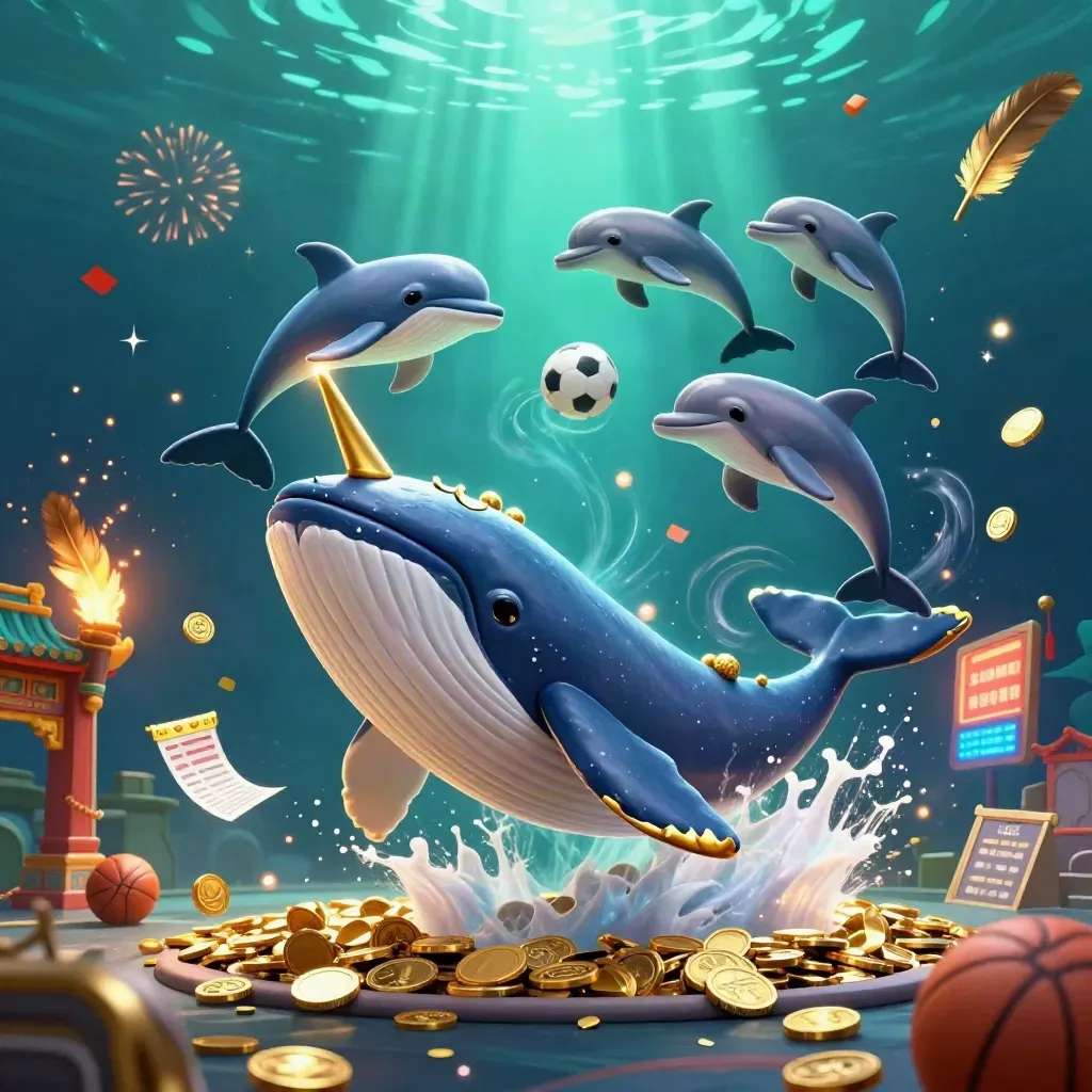 Whale captain, narwhal and dolphins amid coins, temple gate, sports props and casino sparks.