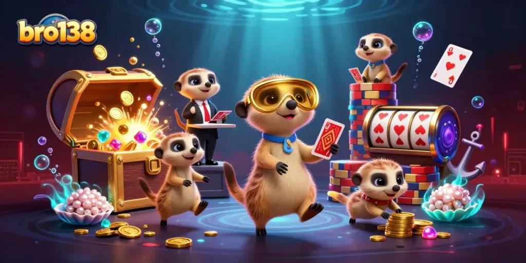 Engage with bro138's vibrant casino scene featuring lively meerkats and dynamic slot action.