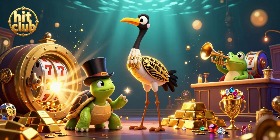 hit club themed illustration of a 1920s crane, turtle, and frog at a fierce slot machine scene