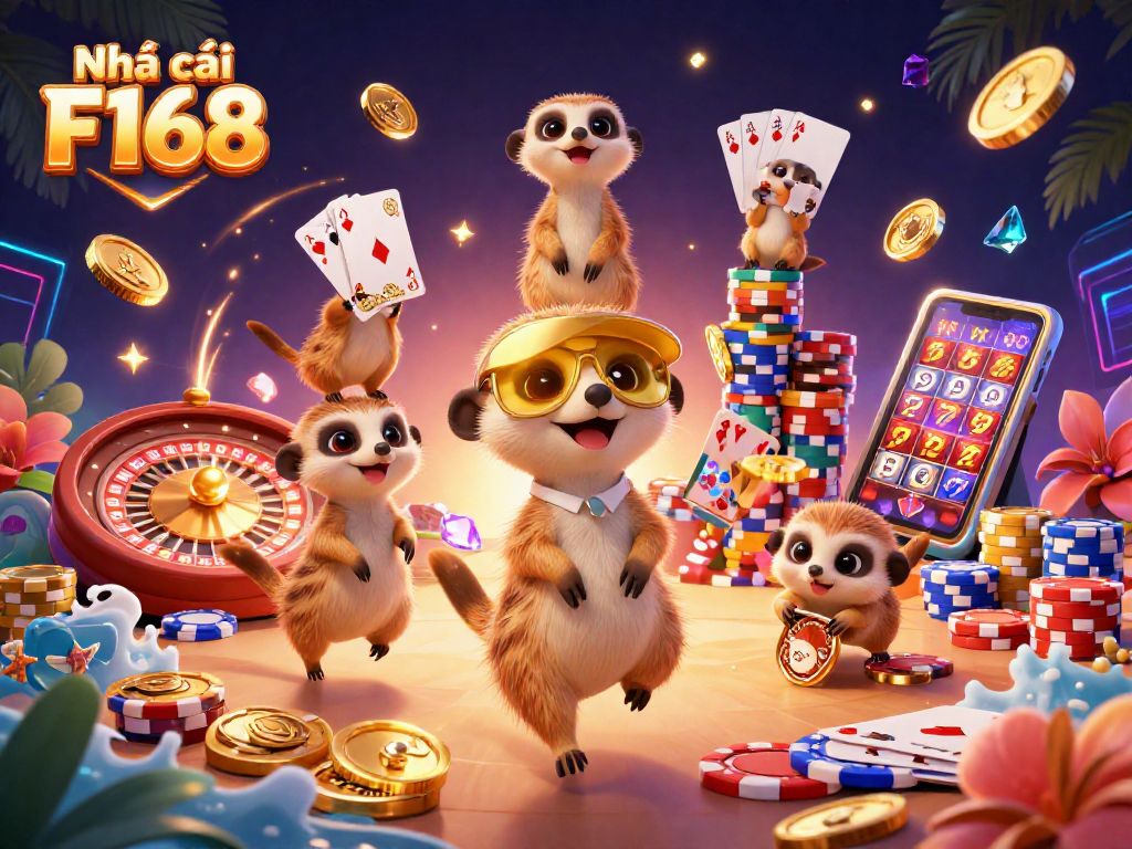 Experience the thrill of Nhà cái F168 with a vibrant casino scene featuring lively meerkats and thrilling game elements.