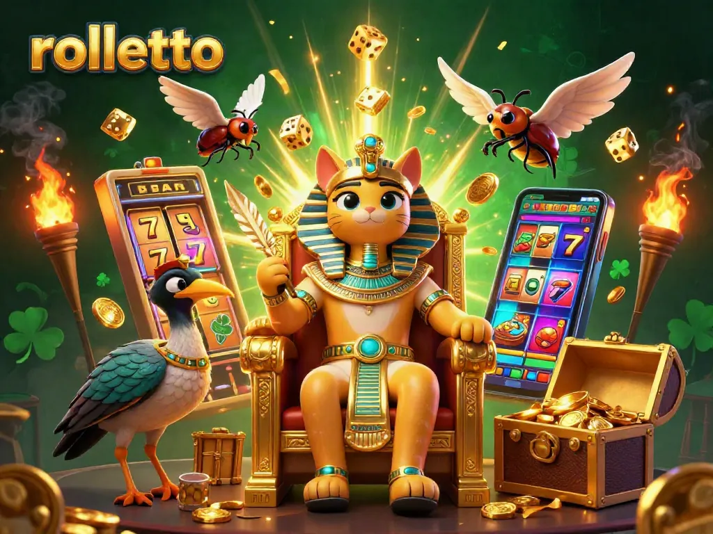 Spin the rolletto slots alongside a royal pharaoh cat in an energetic casino scene.