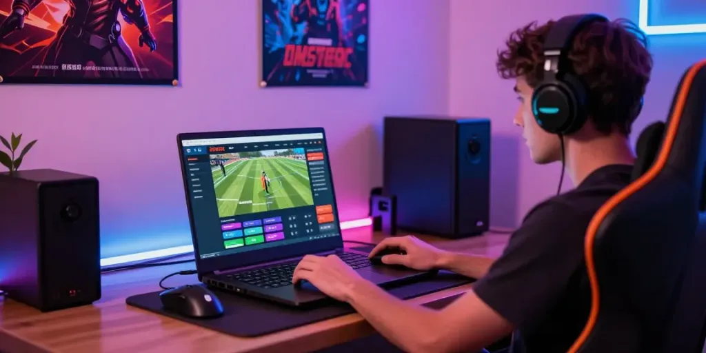Engaging with the FIVE88 platform on a stylish gaming setup, featuring a laptop and accessories.