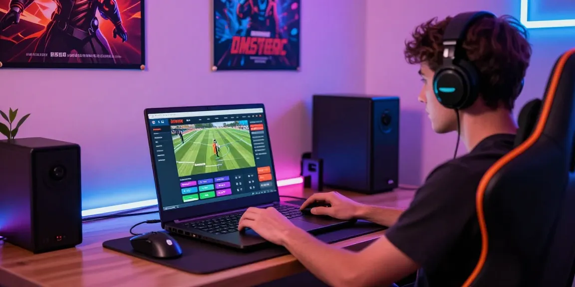 Engaging with the FIVE88 platform on a stylish gaming setup, featuring a laptop and accessories.