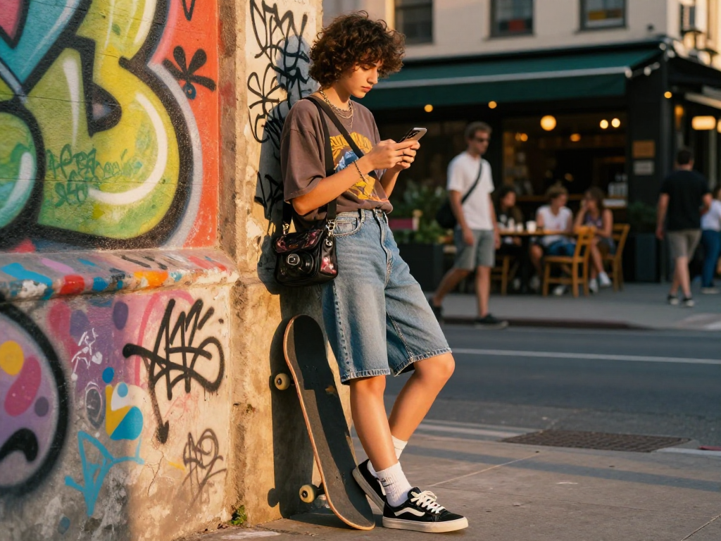 Stylish individual in urban setting showcasing ai slut lifestyle during sunset with vibrant street art background.