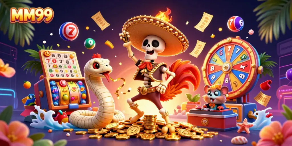 MM99 casino victory scene with a dancing skeleton rooster, mummy snake, and DJ hamster amidst vibrant slot reels.