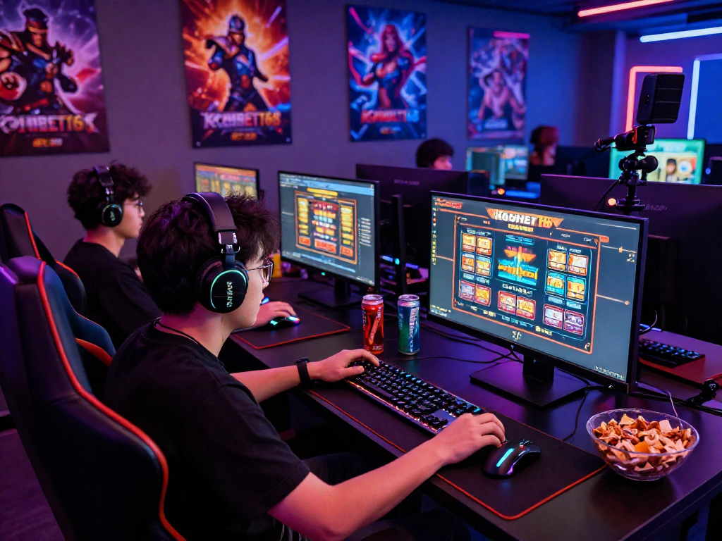 KOMBET168 gaming enthusiast immersed in an exciting gaming session with vibrant visuals.
