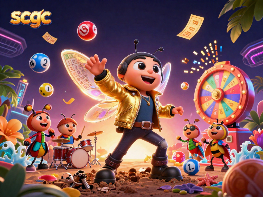 Engage with scgc's vibrant lottery-themed illustration showcasing a cicada rock star amidst dynamic gaming elements.