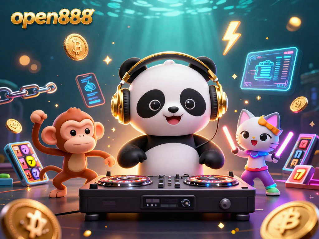 Experience exciting games like slots and crypto with open888 featuring lively characters in a vibrant casino setting.