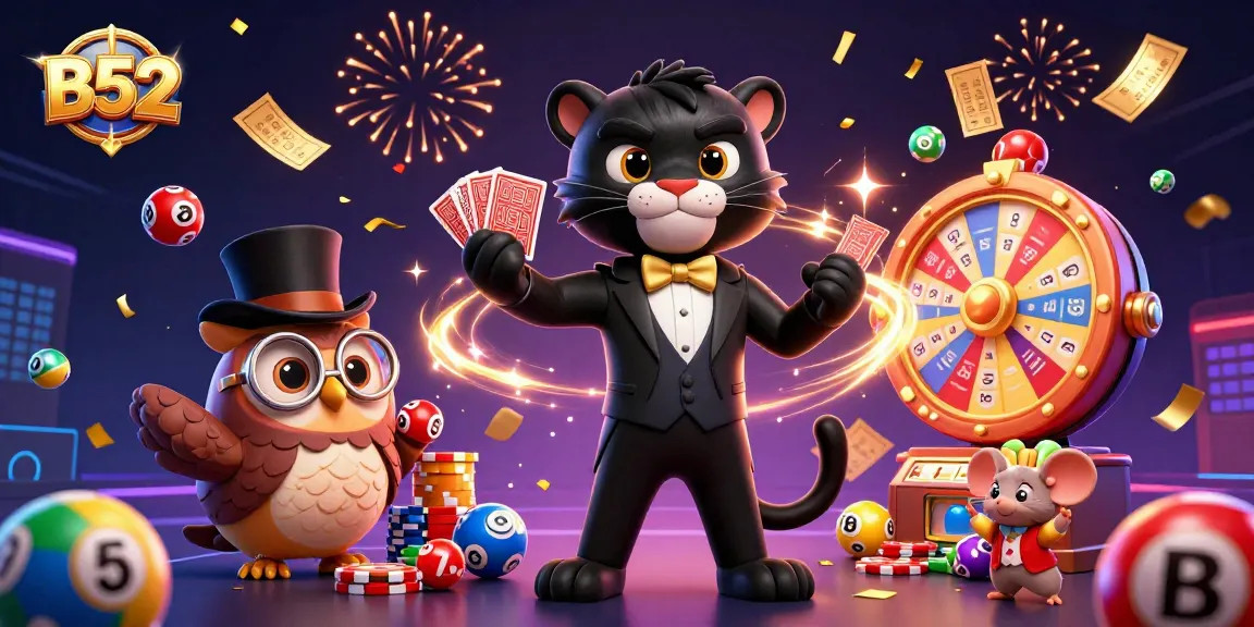 Experience B52 excitement with a tuxedoed panther, an owl with chips, and a lucky mouse in a thrilling casino scene.