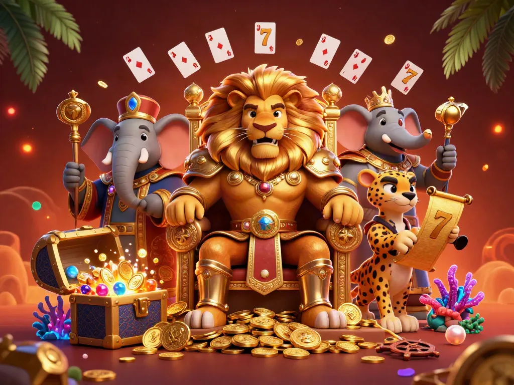 Experience thrilling wins at lv88 with a majestic lion king, elephant advisor, and cheetah messenger in a dynamic casino scene.