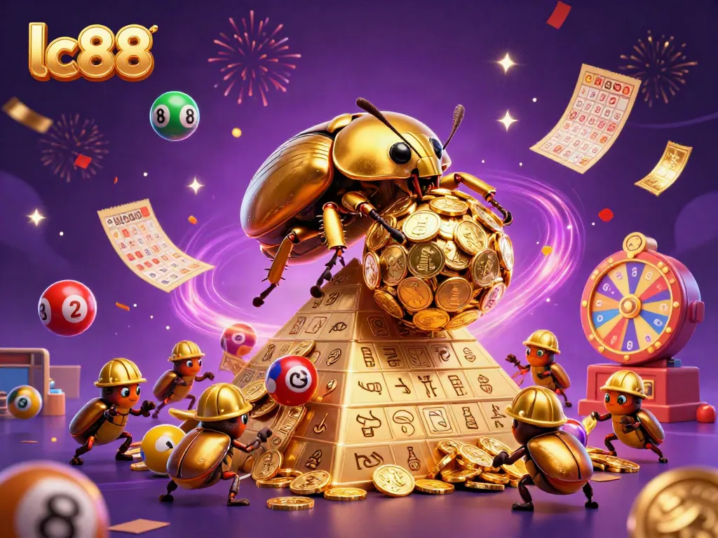 Spin the excitement at lc88 with vibrant lottery and casino-themed illustration filled with gold coins.
