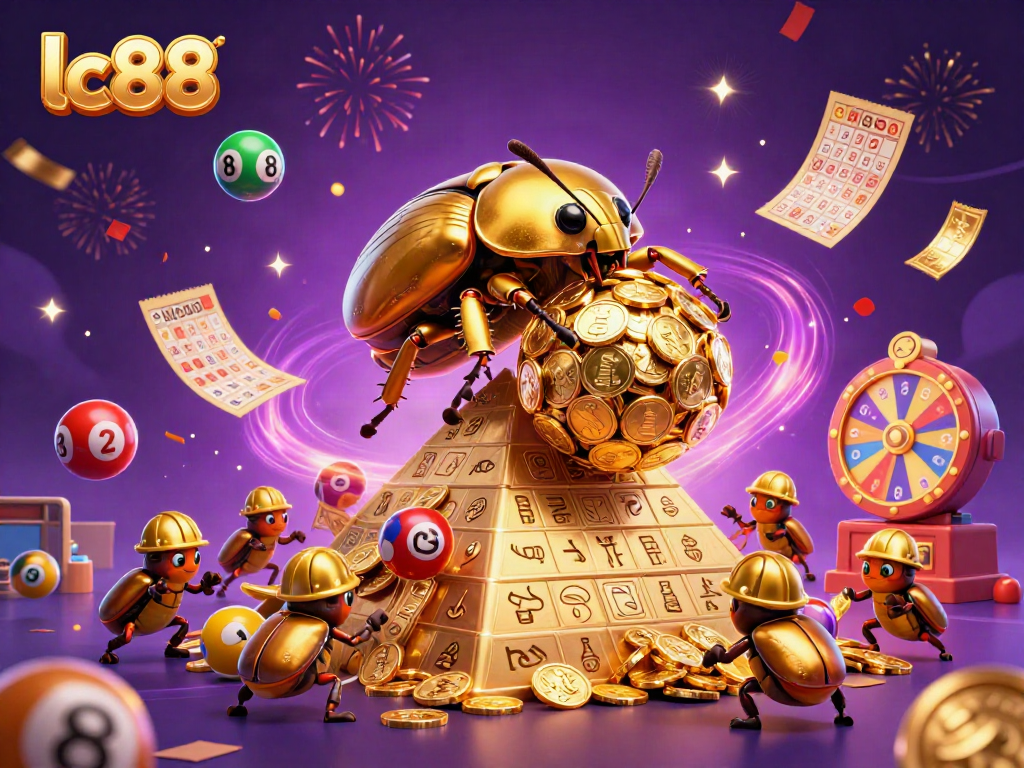 Spin the excitement at lc88 with vibrant lottery and casino-themed illustration filled with gold coins.