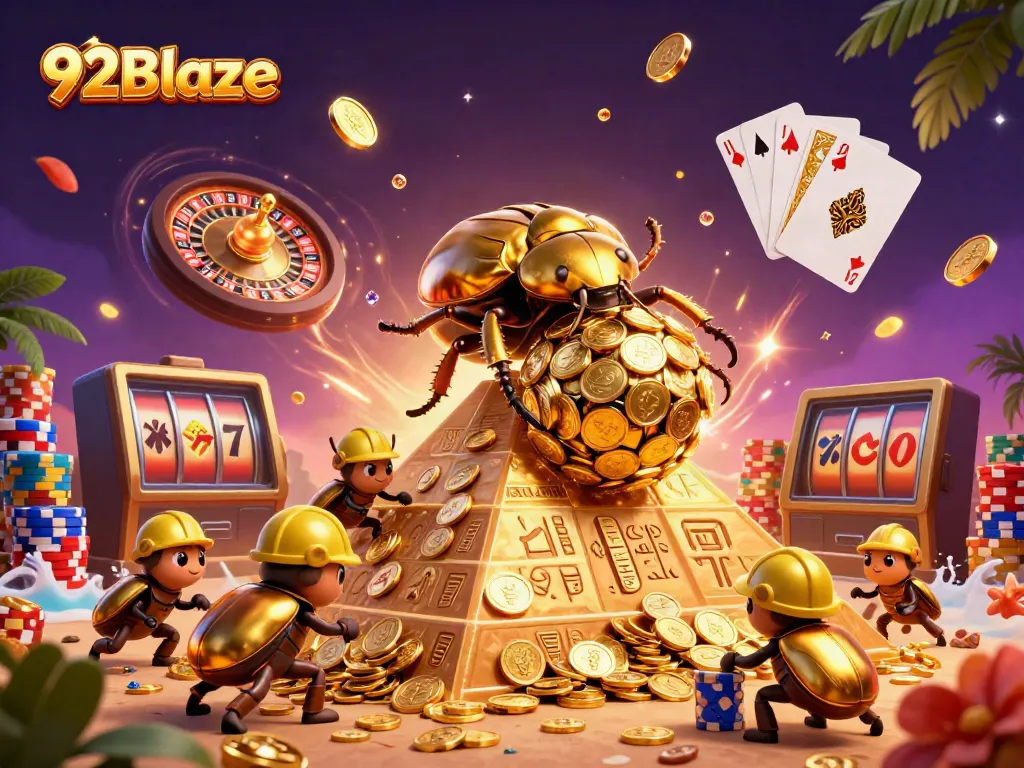 Experience the thrill of gaming with 92Blaze as golden coins cascade in a vibrant casino scene.