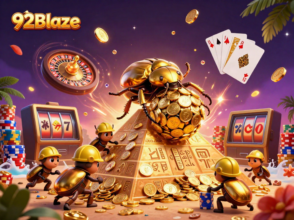 Experience the thrill of gaming with 92Blaze as golden coins cascade in a vibrant casino scene.