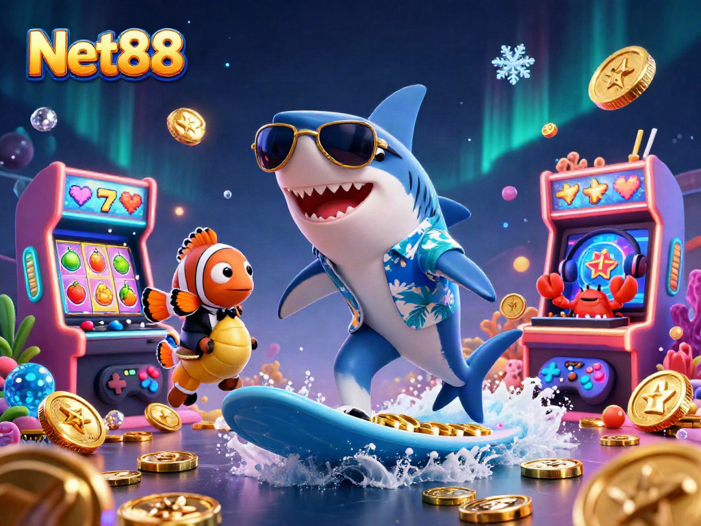 Experience the excitement of Net88 casino with vibrant games and characters in a dynamic scene.