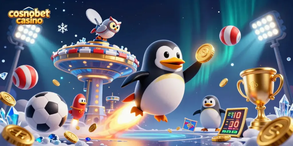 Experience thrilling action at cosmobet casino with a golden penguin and sports elements among dazzling animations!