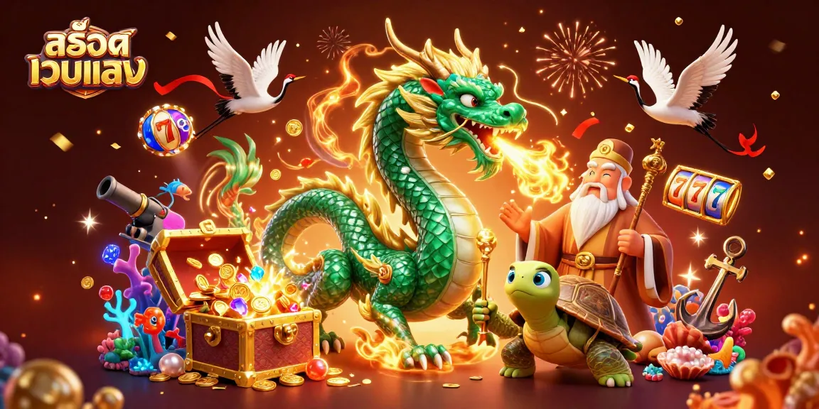 Experience the excitement of สล็อตเว็บตรง with a vibrant 3D dragon, turtle, and lucky cranes in an enchanting casino scene.
