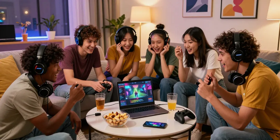 Engaged friends enjoying a porn game online in a cozy living room, surrounded by snacks and gaming gear.