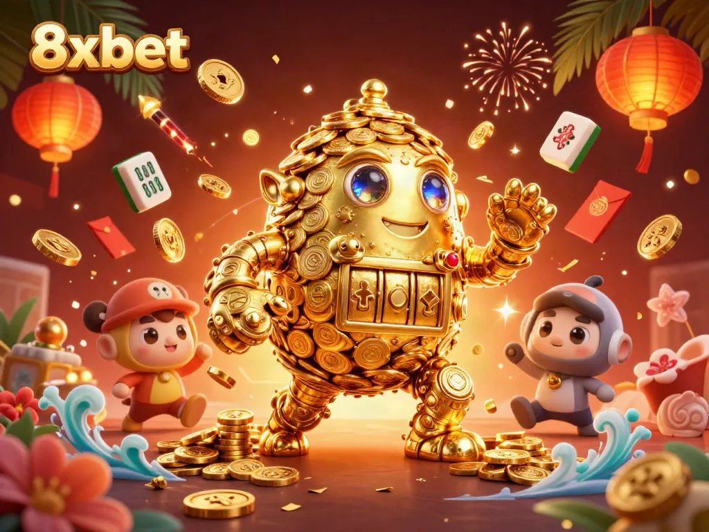 Experience the excitement of 8xbet with a dynamic casino-themed illustration featuring a golden golem and game symbols.