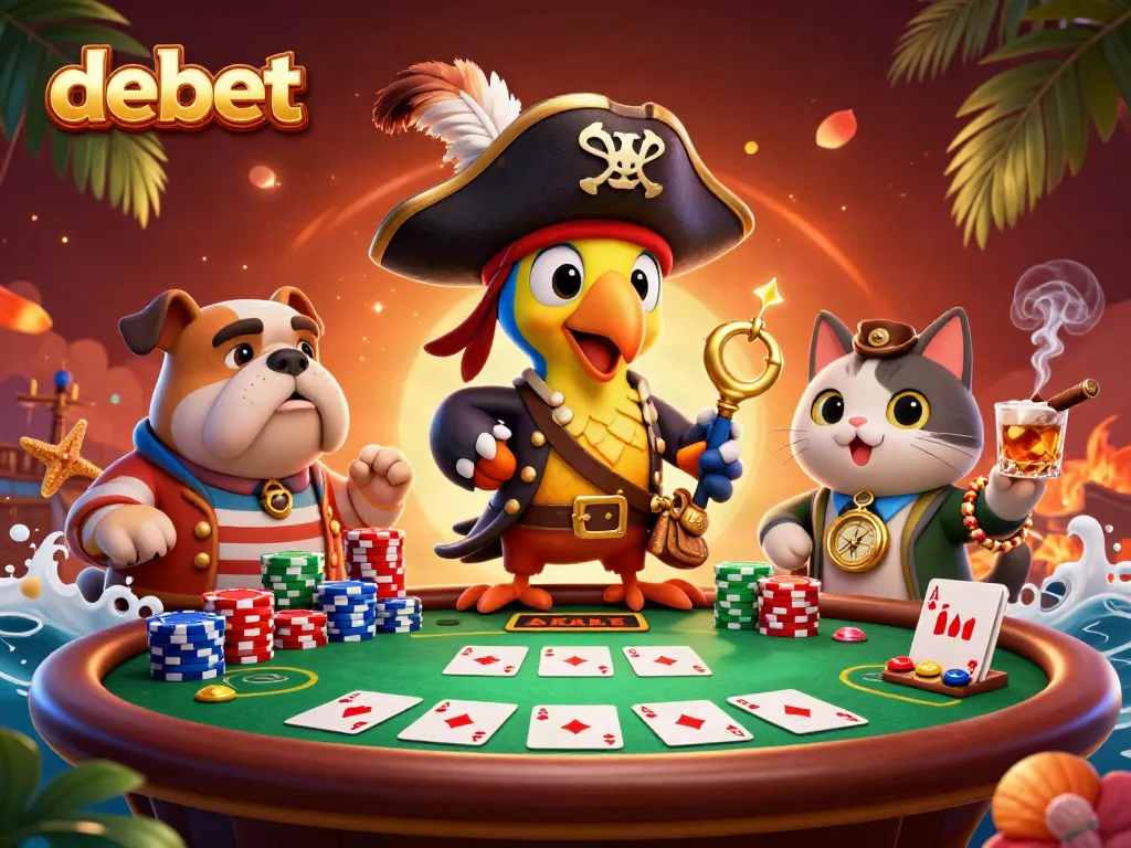 Experience thrilling poker action with debet's animated pirate characters at a vibrant casino scene.