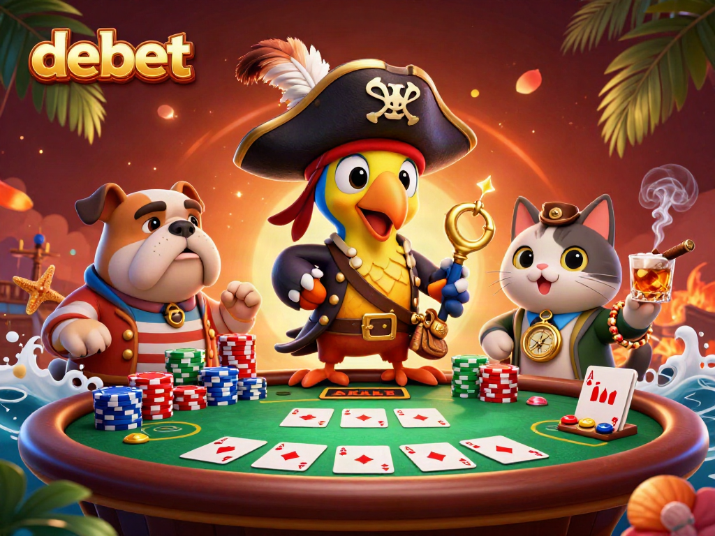 Experience thrilling poker action with debet's animated pirate characters at a vibrant casino scene.