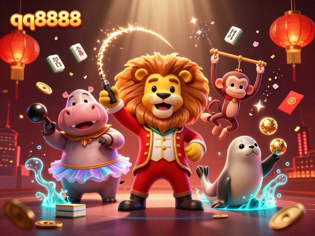 Experience the excitement and promotions of qq8888 with vibrant character illustrations and casino elements.