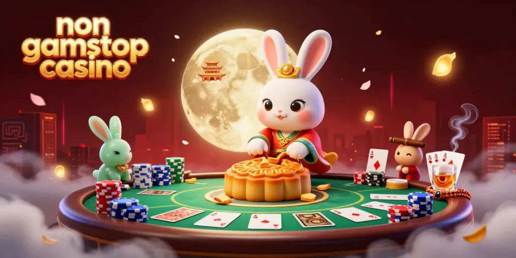 A moon rabbit illustrating the non gamstop casino theme with poker chips, showcasing an engaging gambling scene.