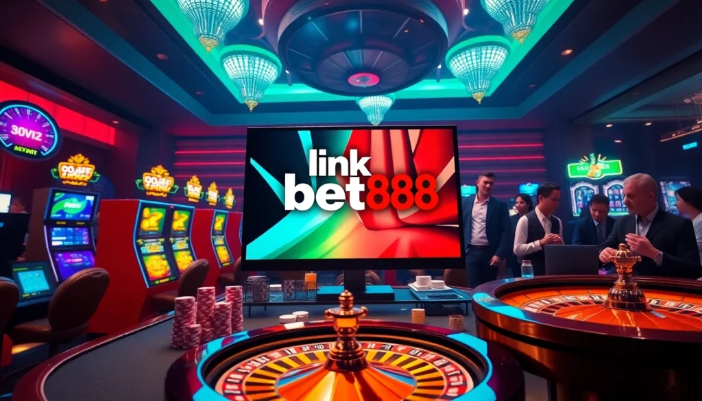 Experience the excitement of link bet88 with vibrant casino games and players engaging at a luxurious table.