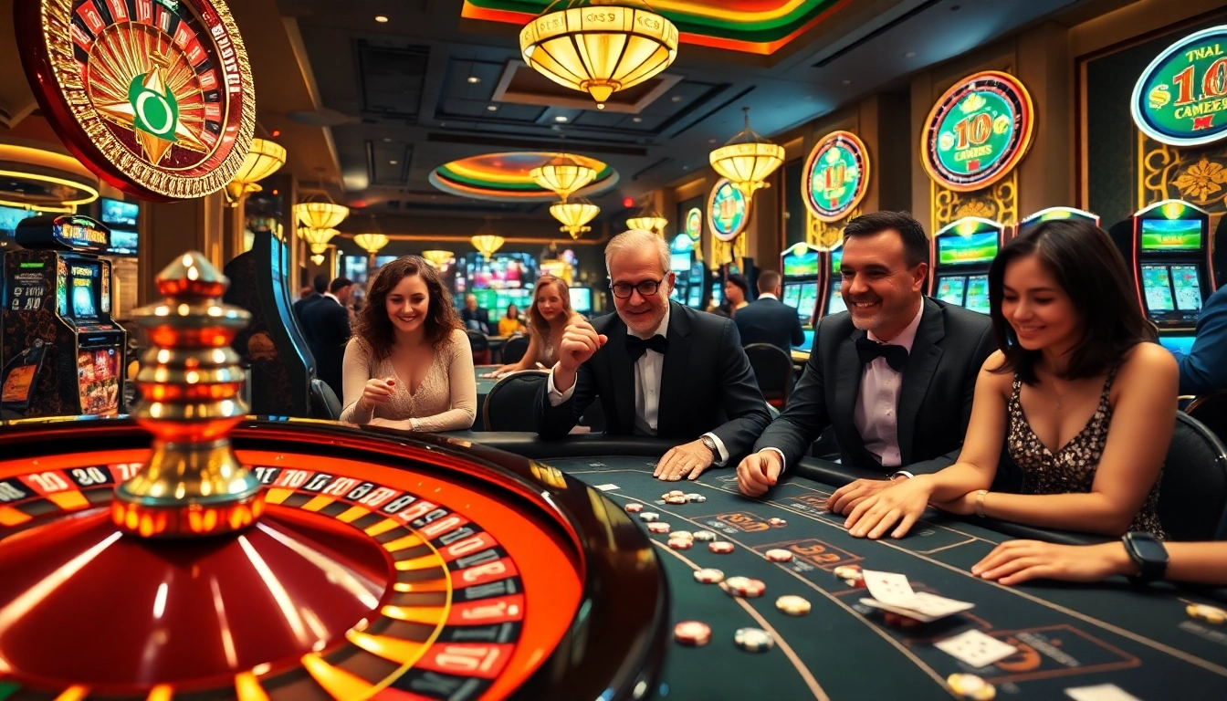 Exciting scene of players engaging in tr88 casino games with roulette and poker tables.
