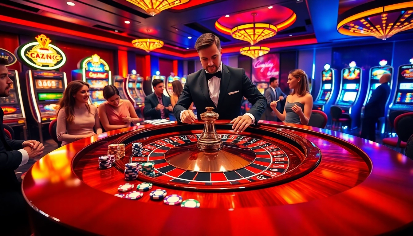 Experience the thrill of km1888b at a luxurious casino scene with exciting players and vibrant gaming action.