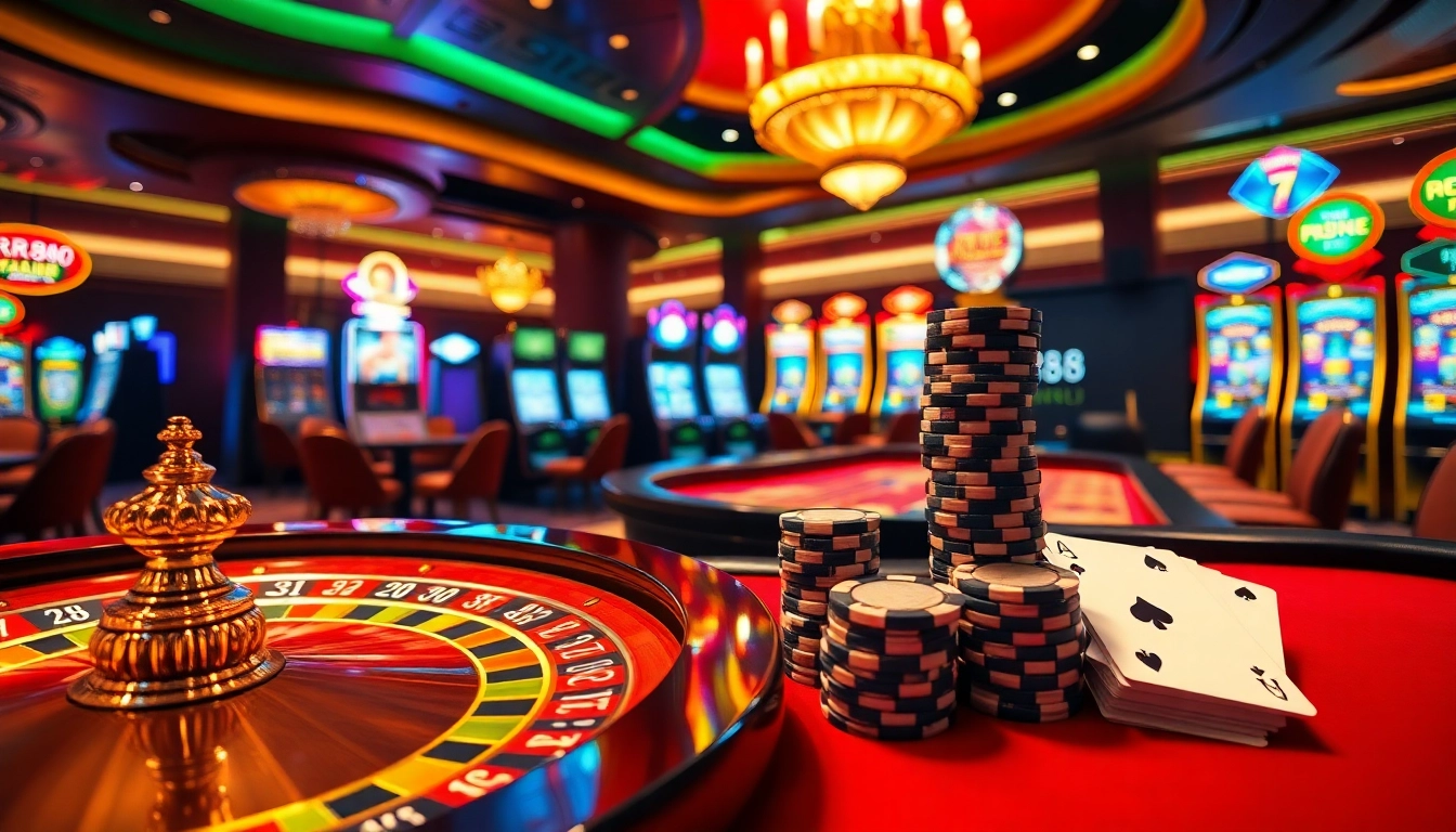Engaging casino experience showcasing RR888 poker chips and vibrant roulette wheel action.