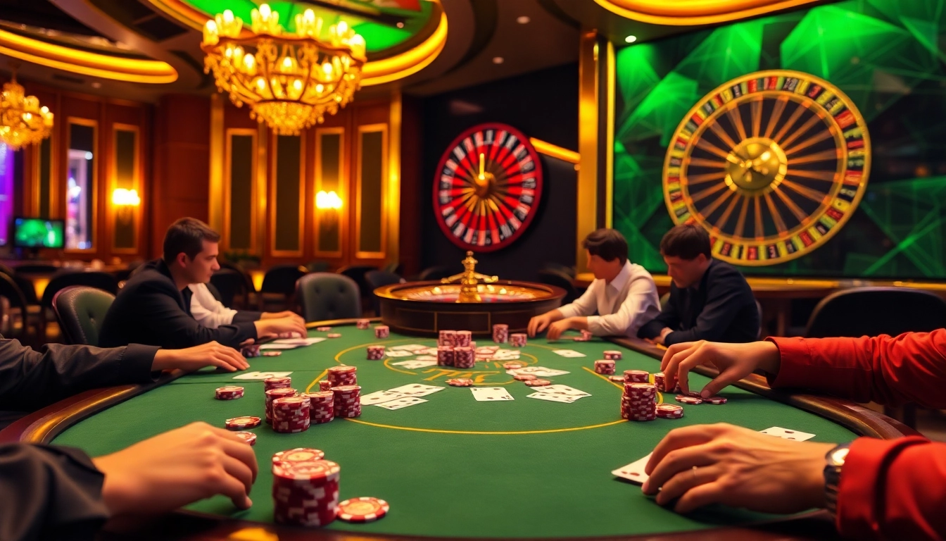 Experience the thrilling gambling atmosphere at 789F casino, featuring intense poker action and vibrant roulette games.