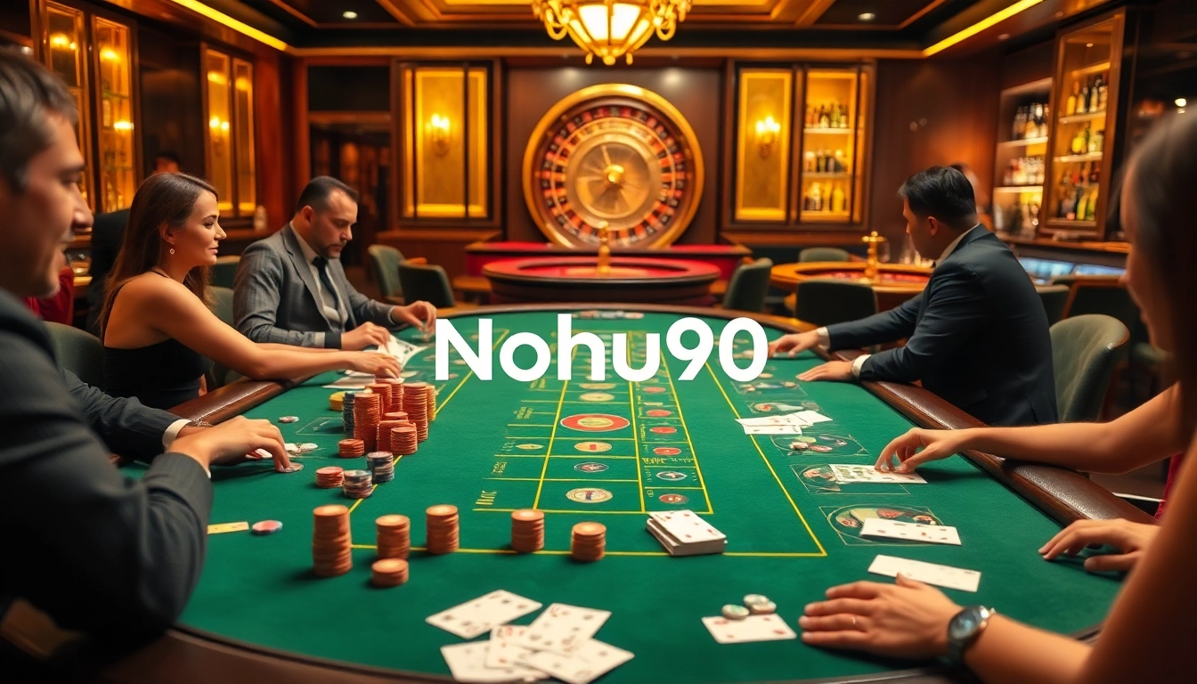 Nohu90 casino players engaged at a luxurious gambling table surrounded by excitement and vibrant gaming elements.