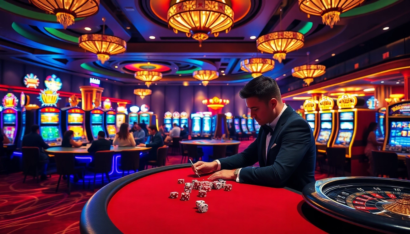 SODO casino players engaged at vibrant tables celebrating wins with poker chips and dice.