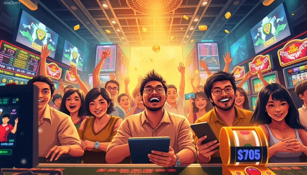 Exciting gaming scene at sbobet.dance, showcasing diverse players immersed in online betting activities in 2025.