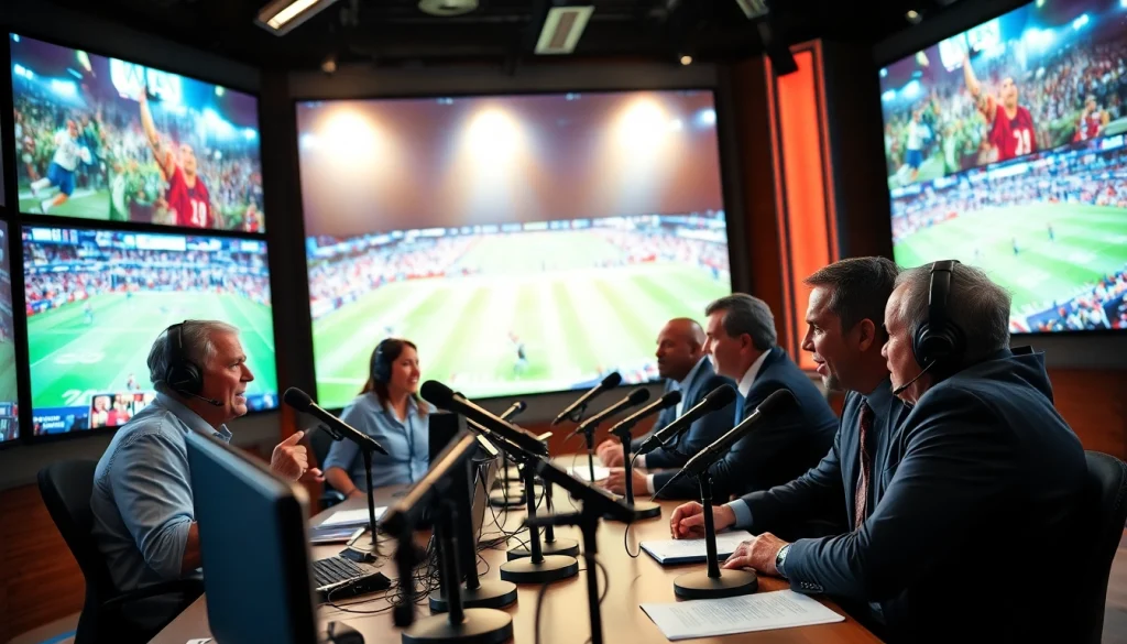 Dynamic sports broadcasting studio scene with passionate commentators discussing live events.