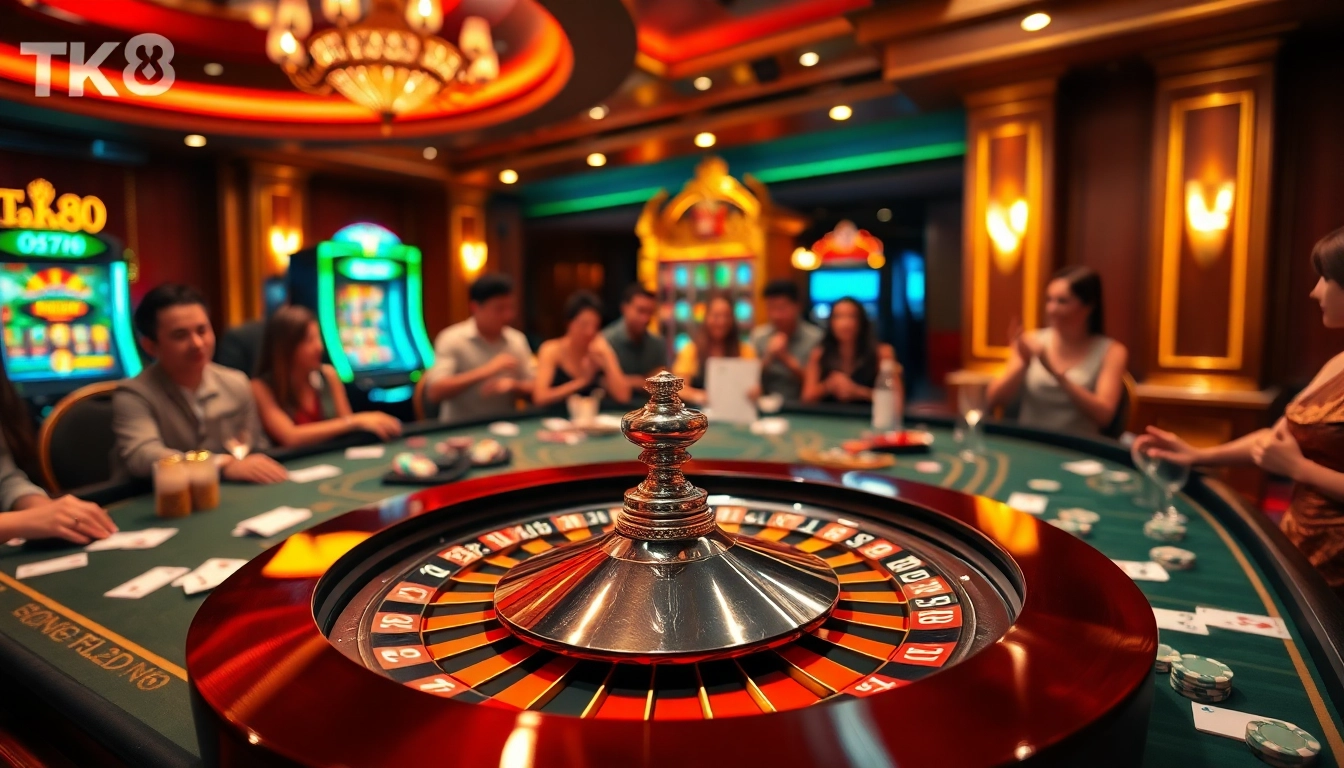 Players enjoying a thrilling game at TK88 Casino with vibrant tables and exciting atmosphere.