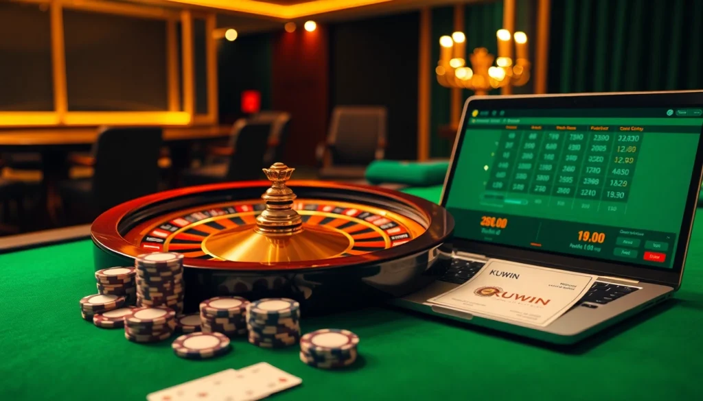 Experience thrilling gameplay with KUWIN at a luxurious poker table adorned with chips and cards.