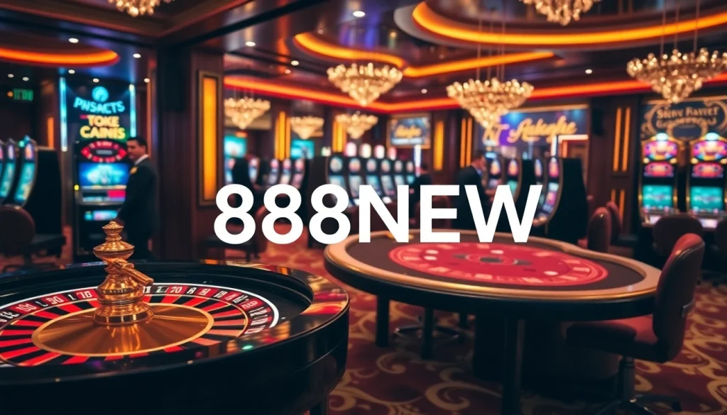 Experience the vibrant excitement of 888NEW casino with sleek gaming tables and slot machines.