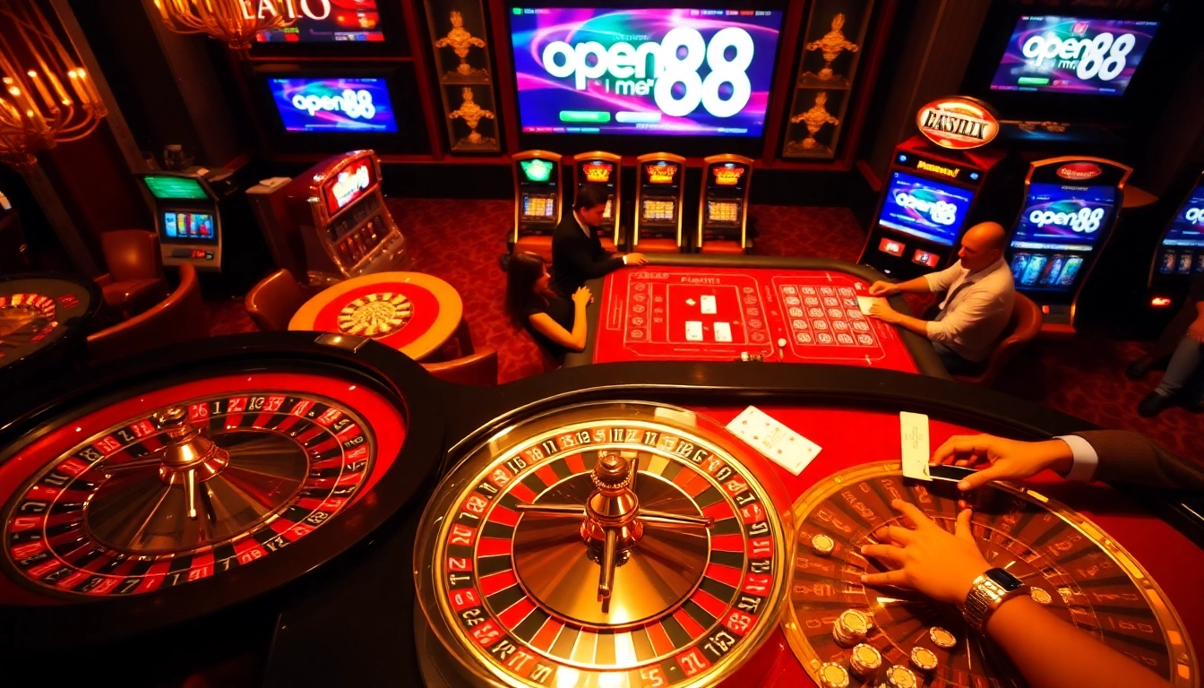 Experience thrilling gameplay at open88 with an elegant casino scene featuring poker tables and slot machines.